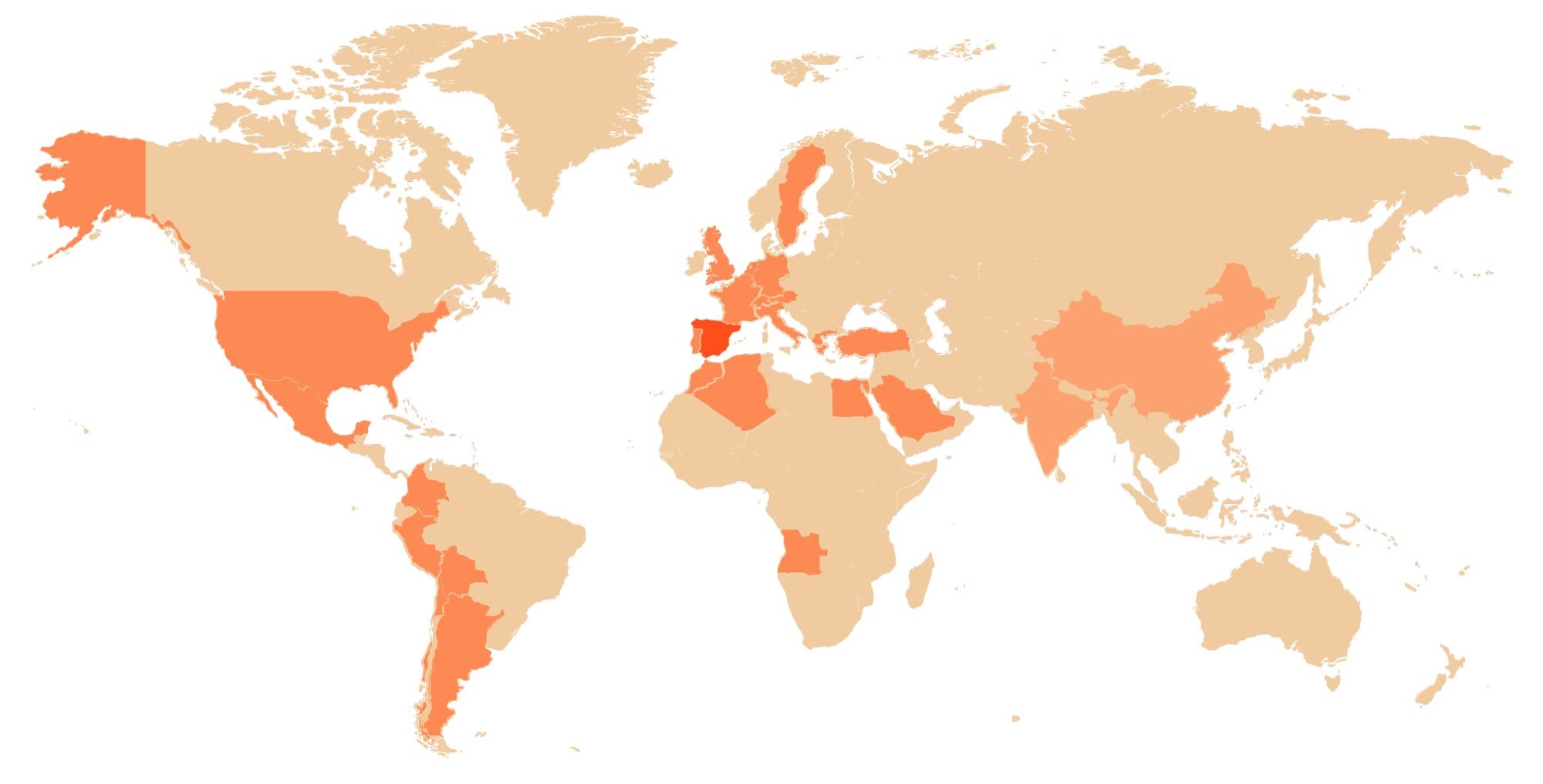 mapa referenciado de la conexión que existe de España con el mundo